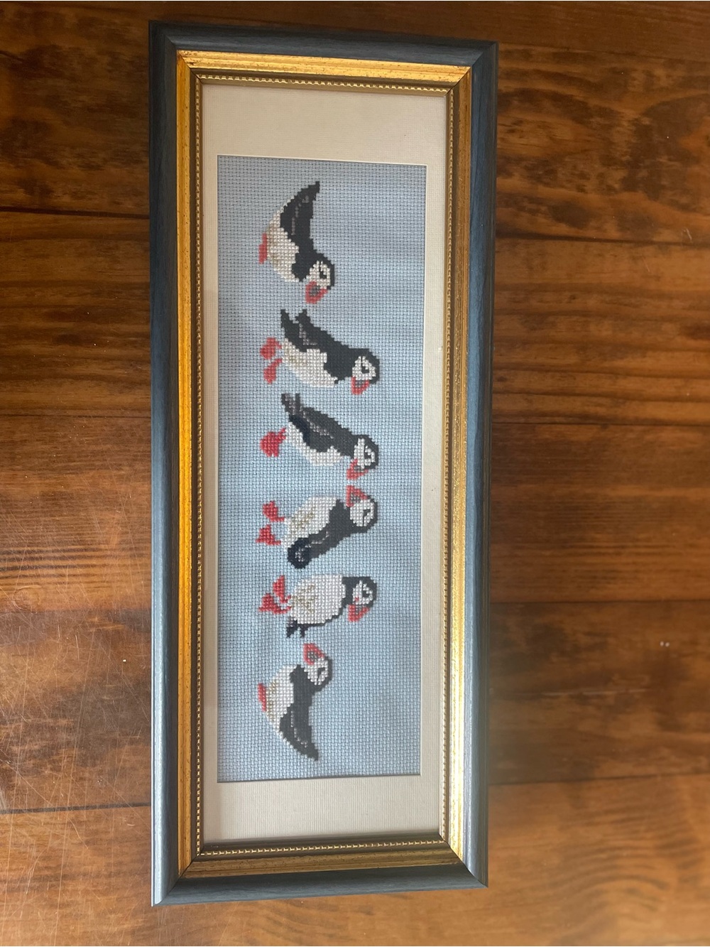 Long handmade cross stitch puffin framed art home wall decor super cute